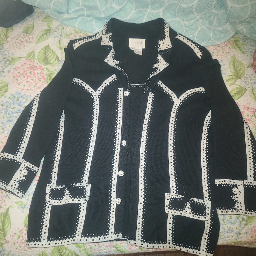 90's Classic Just B Black Sweater Cardigan Sz S Embellished W/White Bead Vintage
